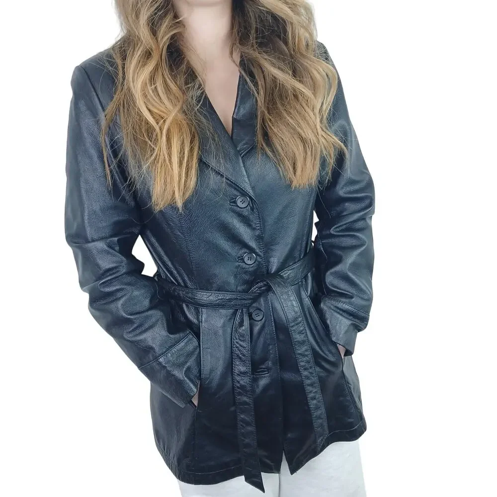 Colebrook SZ M 90's Y2K Genuine Leather Jacket Tie Waist Black